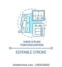 Tener un plan para evacuar el icono del concepto turquesa. Ilustración de línea delgada de idea abstracta de punta de desastre. Salir de casa con seguridad. Dibujo de contorno aislado. Trazo editable. Fuentes Arial, Myriad Pro-Bold utilizadas