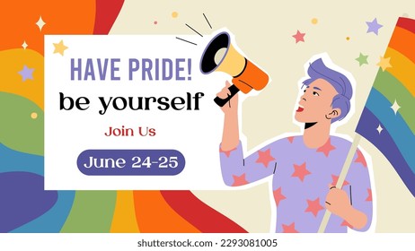 Have pride. Banner template. Agender person with megaphone and gay flag. Pride event celebration. Vector illustration.