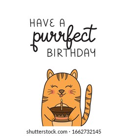 Have a purrfect birthday funny cat vector illustration. Hand drawn and handwritten greeting card with cute tabby kitten holding cake. Isolated.