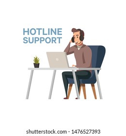Have a question concept. Hotline professional operator of technical support with headset working on computer. Call center at work. Vector flat design illustration. Square layout.