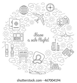 Have a safe flight card with isolated thin lined outlined icons. Tools and accessories for airplane travel. Vector illustration