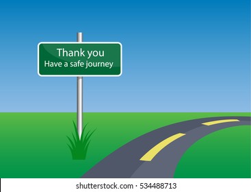 Have a safe journey pole with road on green grass and blue sky in travel season, illustration