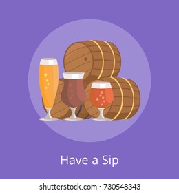 Have a sip vector illustration of three beer barrels and glasses of alcohol drinks different types for degustation at october festival on purple
