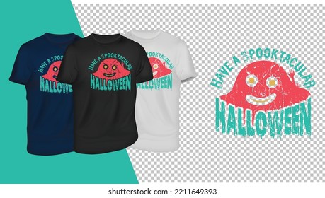 Haben Sie ein Spooktacular Halloween T-Shirt und grafische Tees Design Vorlage mit Mock-up. 3 Muster auf transparentem Hintergrund. 