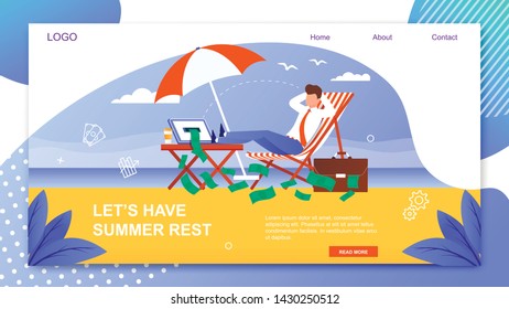 Have Summer Rest Lettering Banner Template. Vacation Offer on Sunny Tropical Beach for Businesspeople. Landing Page with Manager Character Relaxing on Chaise Lounge. Vector Flat Illustration