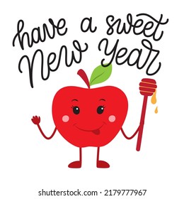 Have a sweet New Year. Rosh hashanah greeting card with a cute apple character and honey. Vector illustration