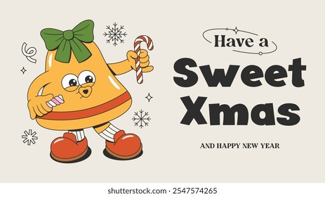 Have a Sweet Xmas and Happy New Year poster include bell with lollipop and candy. Vector retro poster. Christmas mascot banner.