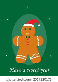 Have a sweet year text on a postcard with a gingerbread man ,