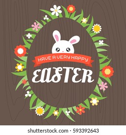 Have a very happy easter headline with rabbit in grass and flower arrange as egg shape frame on wooden background, flat design