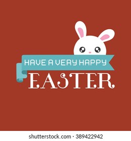 Have a very happy easter typographic design with ribbon and bunny, flat design
