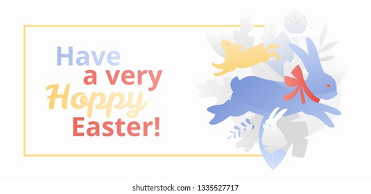 Have a Very Hoppy Easter text on web banner template. Three Easter rabbits silhouettes. Easter celebration metaphor. Modern flat design with gradients.