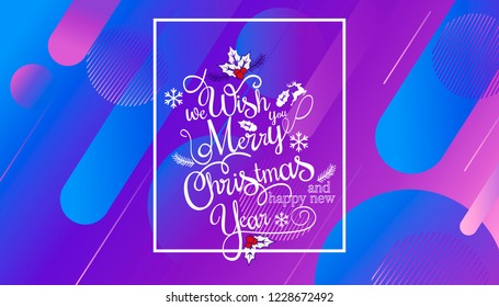 Have very Merry Christmas and Happy New Year we wish you lettering logo on gradient background, Design template with white line frame