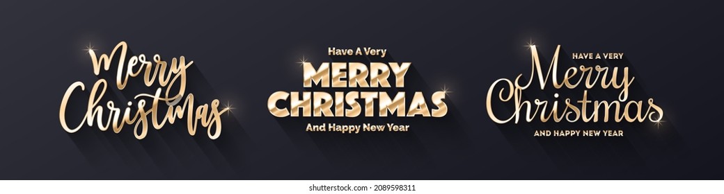 Have A Very Merry Christmas And Happy New Year Golden Gradient Vector Different 3D Text Design Template Collection On Dark Blue Background. Xmas Typographic Variations Golden Metallic Design Elements