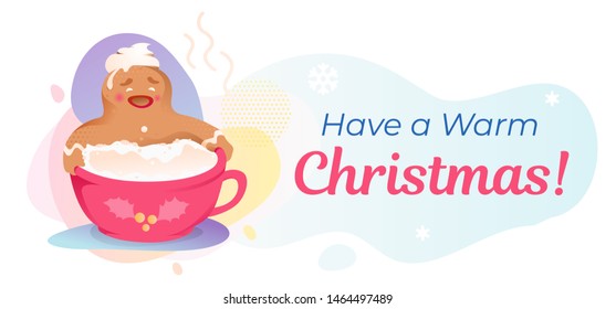 Have warm Christmas banner or card design. Gingerbread man bathing in cacao. 