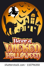 Have a Wicked Halloween, Scared Cat and Witch Graphic Vector