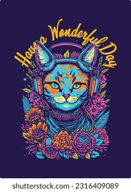 Have a Wonderful Day t shirt design, vibrant neon colors with a retro style, suitable for printing on t-shirts, prints, posters