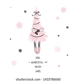 Have a wonderful and merry xmas hand drawn vector drawing with lettering. Kawaii christmas tree sketch. New Year pastel drawing on white background. Christmas postcard, greeting card design element