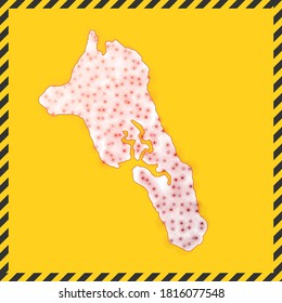Havelock Island closed - virus danger sign. Lockdown island icon. Black striped border around map with virus spread concept. Vector illustration.