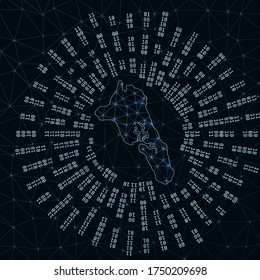 Havelock Island digital map. Binary rays radiating around glowing island. Internet connections and data exchange design. Vector illustration.