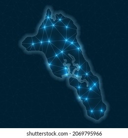 Mapa de la red de la isla Havelock. Mapa geométrico abstracto de la isla. Conexiones digitales y diseño de telecomunicaciones. Red de Internet brillante. Encantadora ilustración vectorial.