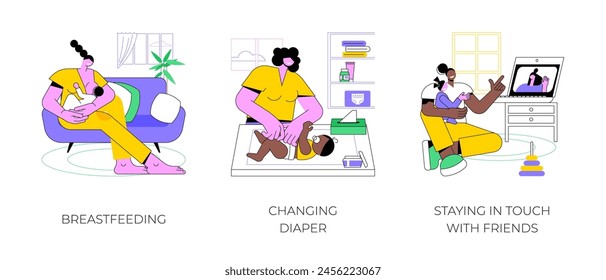 Having a baby isolated cartoon vector illustrations set. Young mom breastfeeding baby, changing infant diaper, staying in touch with friends online, woman with child calling on video vector cartoon.