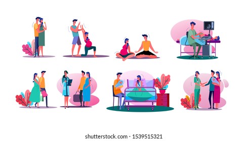 Having baby set. Pregnant couple doing yoga, walking outdoors, visiting doctor, holding baby. Flat vector illustrations. Parenthood concept for banner, website design or landing web page