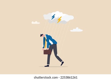 Having bad day, disappointed work, discourage or depression, failure feeling bad or difficulty, having problem and trouble concept, depressed wet businessman walking in raining thunderstorm.