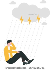 Tener un mal día, trabajo decepcionado, desanimado o deprimido, fracaso, sentirse mal o con dificultad, tener problemas y problemas de concepto, hombre de negocios mojado deprimido caminando en una tormenta eléctrica.
