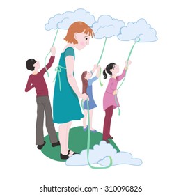 Having a Bad Day
A young woman fails at cloud flying.  Vector concept illustration for depression, failure, disappointment, feeling down, fitting in or having a bad day. 
