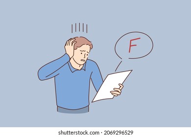 Having bad mark in education concept. Young stressed student standing touching head feeling unhappy having bad mark in exam vector illustration 