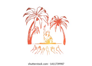 Having beach party, dj making live music, people giving thumbs up, open-air concert performance, vacation fun with friends. Summertime activity concept sketch. Hand drawn vector illustration
