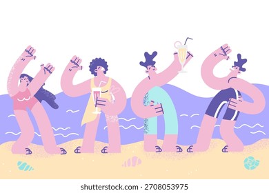 Having beach party during vacations concept. Group of young smiling people friends drinking cocktails and dancing at beach party near sea vector illustration