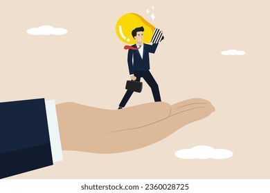 Having a big idea, bringing a new business concept or having a brilliant idea for a company, smart entrepreneurs carry the light bulb for a big idea in big hands. Illustration of a successful business