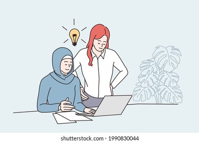 Having business idea and teamwork concept. Young caucasian and arab women colleagues having meeting and discussion in office with great new ideas near laptop vector illustration 