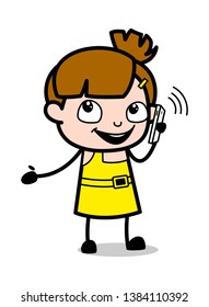 Having Conversation with Friend on Call - Cute Girl Cartoon Character Vector Illustration