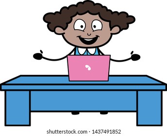 Having Conversation While Working on Laptop - Retro Black Office Girl Cartoon Vector Illustration