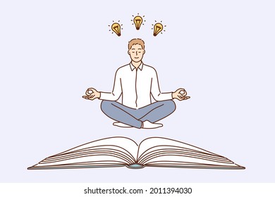 Having creative business idea concept. Young caucasian positive calm businessman cartoon character sitting on floor meditating with great ideas in head and light bulbs above vector illustration 