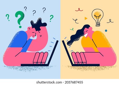 Having creative ideas and doubts in mind concept. Young woman cartoon character sitting with laptop having great idea while man colleague thinking and doubting nearby vector illustration 