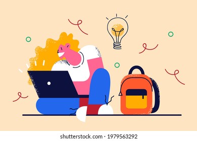 Having creative ideas and freelance concept. Young woman cartoon character sitting on floor with laptop and having great idea for startup vector illustration 