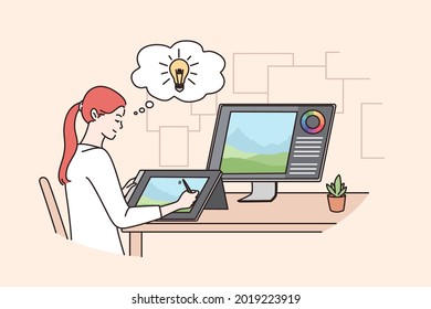 Tener un concepto de idea de trabajo creativo. Joven diseñadora caucásica positiva sentada en una laptop con grandes ideas en bombillas de cabeza y luz sobre ilustración vectorial 