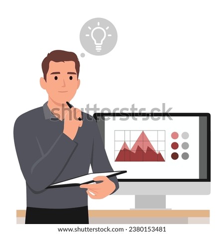 Having creative work idea concept. Young caucasian positive man designer sitting at laptop with great ideas in head and light bulbs above