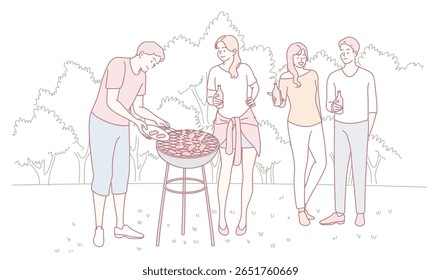 Having a delightful time at a lively barbecue party with friends set against a beautiful outdoor backdrop