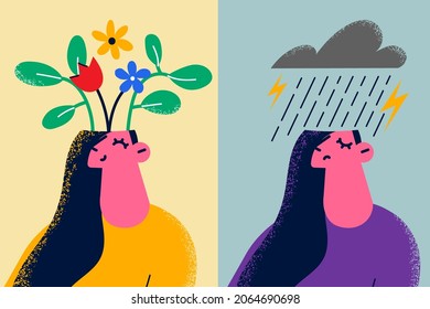 Having different opposite moods concept. Head of young female with blooming flowers and happiness and stormy weather and depression moods vector illustration 