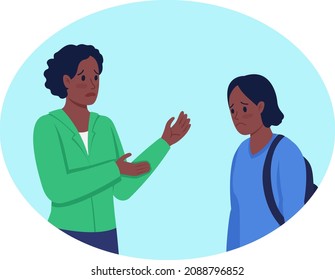 Having Difficult Conversation With Kid 2D Vector Isolated Illustration. Mom Talking To Upset Daughter Flat Characters On Cartoon Background. Serious Matters Discussion Colourful Scene