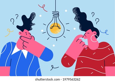 Having doubts and creative ideas concept. Young man and woman cartoon characters looking at bright light bulb touching faces vector illustration 
