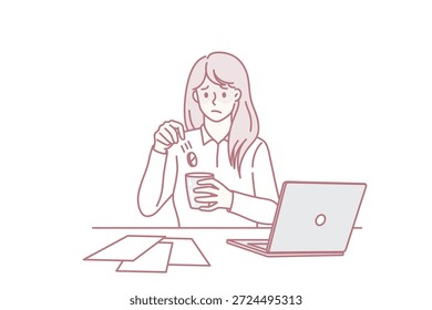 Fieber während der Arbeit Konzept. Traurige depressive kranke Büroangestellte sitzt am Laptop und nimmt Medikamente zum Schutz vor Fieber Krankheit Vektorgrafik