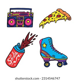 Having fun at 90s years color icons set. Boombox pizza slice soda drink and skate roller isolated vector illustrations. Filled line drawings