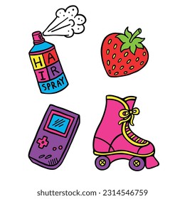 Having fun at 90s years color icons set. Hairspray strawberry gamepad and skate roller isolated vector illustrations. Filled line drawings