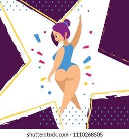 Having fun at a birthday party. Girl dancing in a swimsuit.