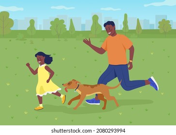 Having fun with dog in park flat color vector illustration. Take pet to walk. Running off-leash. Smiling dad and girl enjoying time together 2D cartoon characters with urban green space on background